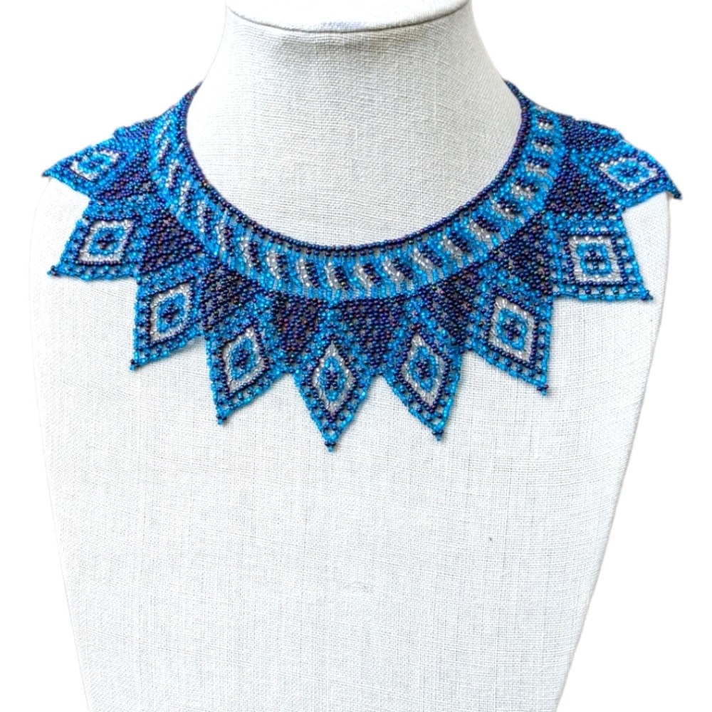 Fine beaded choker necklace, Navy and sky blue
